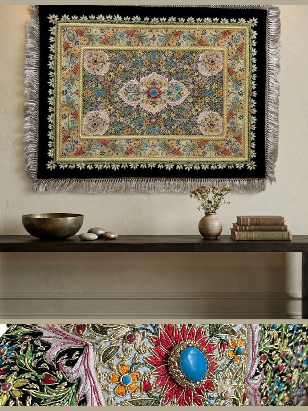Esquisite Zardozi Style Metallic Embroidered Velvet Wall Tapestry Jeweled 20x25”